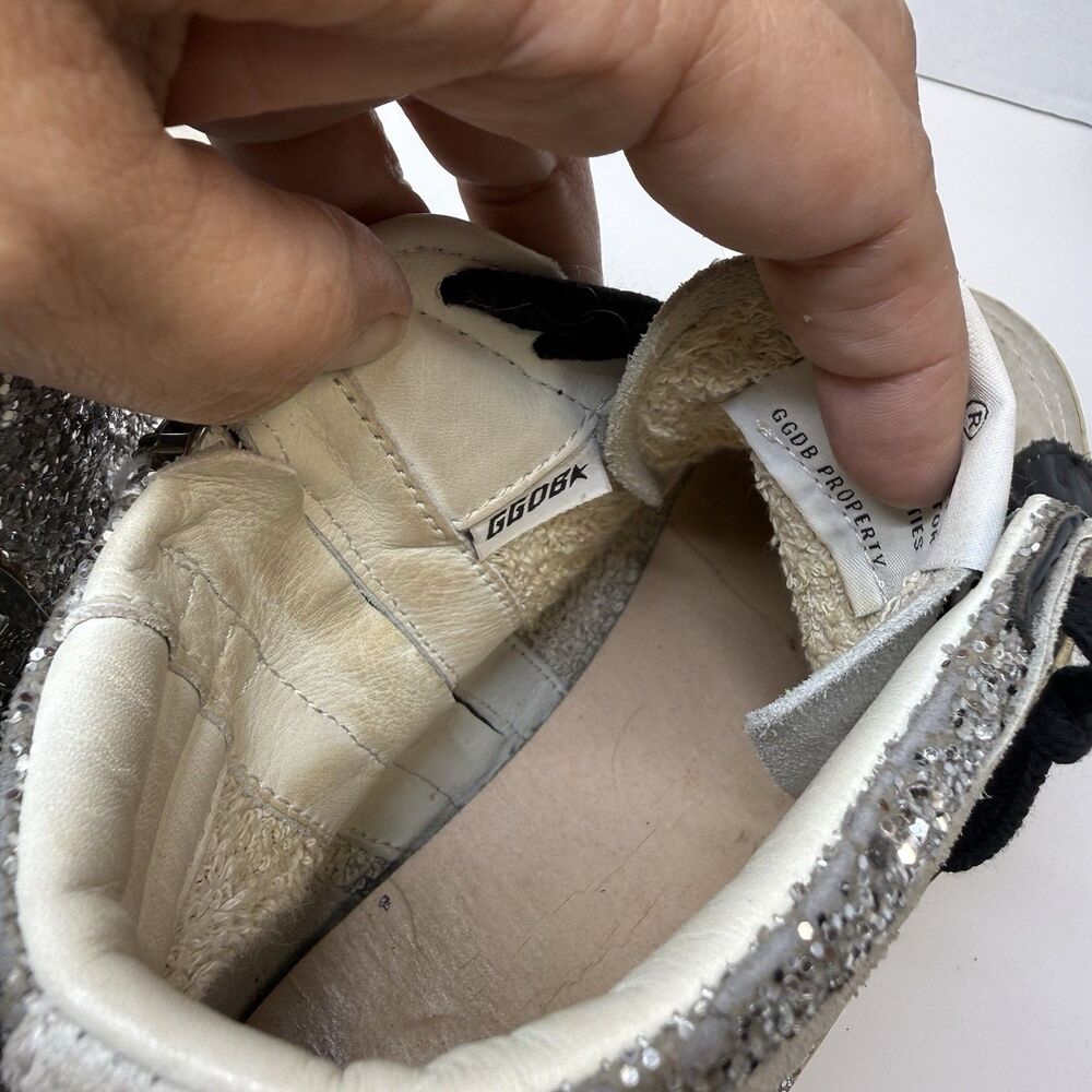 Golden Goose Slide Mid Top Leather Glitter Silver Black Sneakers Sz 8 - Picture 10 of 11